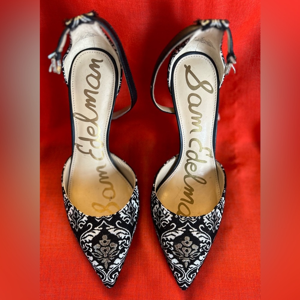 Sam Edelman Black & Silver Brocade Heel with Ankle Strap